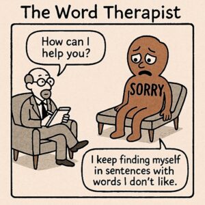 Therapist office with With the therapist sitting on the left and on the right is a funny blobby caricature with the word sorry on its chest and the therapist says how can I help you and the blobby character has the name sorry he says I keep finding myself in sentences with words I don't like
