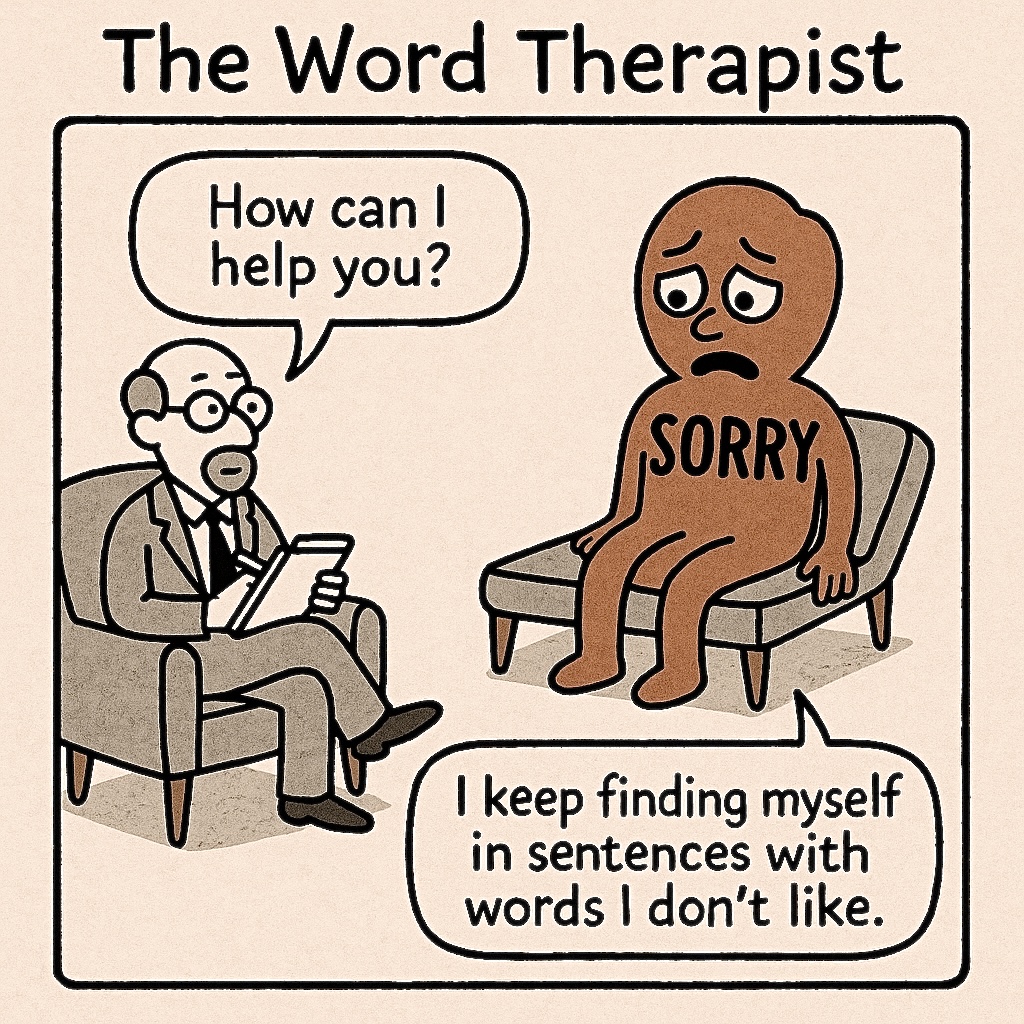 Therapist office with With the therapist sitting on the left and on the right is a funny blobby caricature with the word sorry on its chest and the therapist says how can I help you and the blobby character has the name sorry he says I keep finding myself in sentences with words I don't like