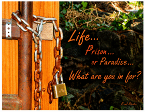 A photograph of a rusty chain and padlock securing a wooden gate, with the words: “Life... Prison... or Paradise... What are you in for?” — Errol Strider.