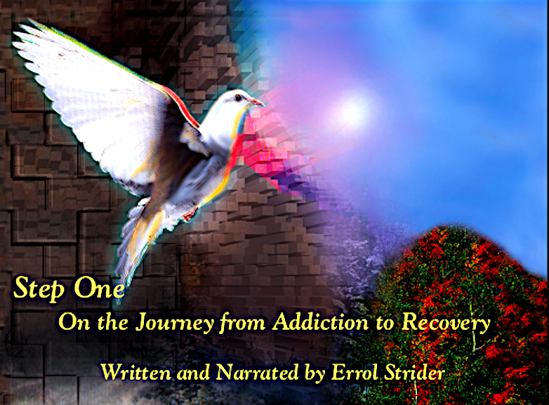 Cover of booklet Step One on Journey from Addiction to Recovery. Picture of Dove with moon over mountain