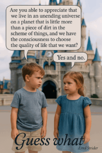 Are you able to appreciate that j we live in an unending universe on a planet that is little more than a piece of dirt in the scheme of things, and we have the consciousness to choose } the € quality of life that we want? [ P * — | J - Kid