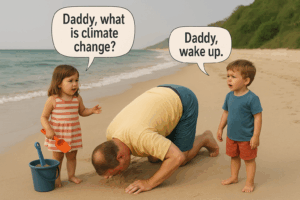 Little girl playing with sand on the beach asking 'Daddy, what is climate change?' while daddy prostrated with his face in the sand, while her little brother says 'Daddy, wake up.'
