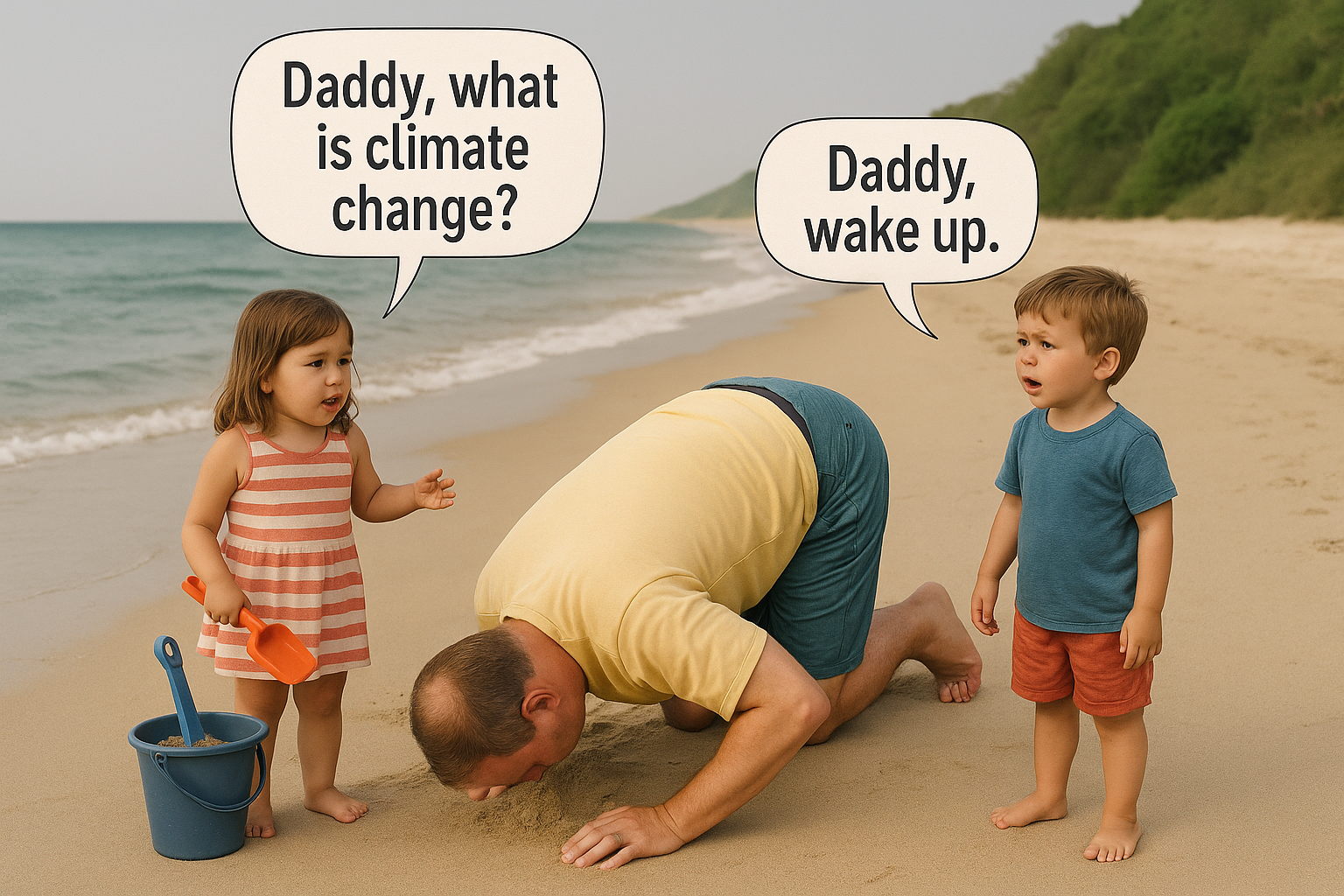 Little girl playing with sand on the beach asking 'Daddy, what is climate change?' while daddy prostrated with his face in the sand, while her little brother says 'Daddy, wake up.'
