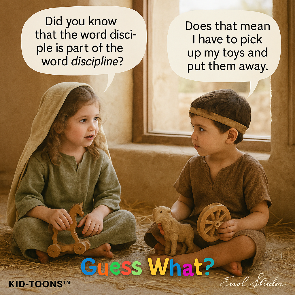 Did you know that the word disci- ple is part of the word discipline? Does that mean | have to pick up my toys and put them away. - Kid