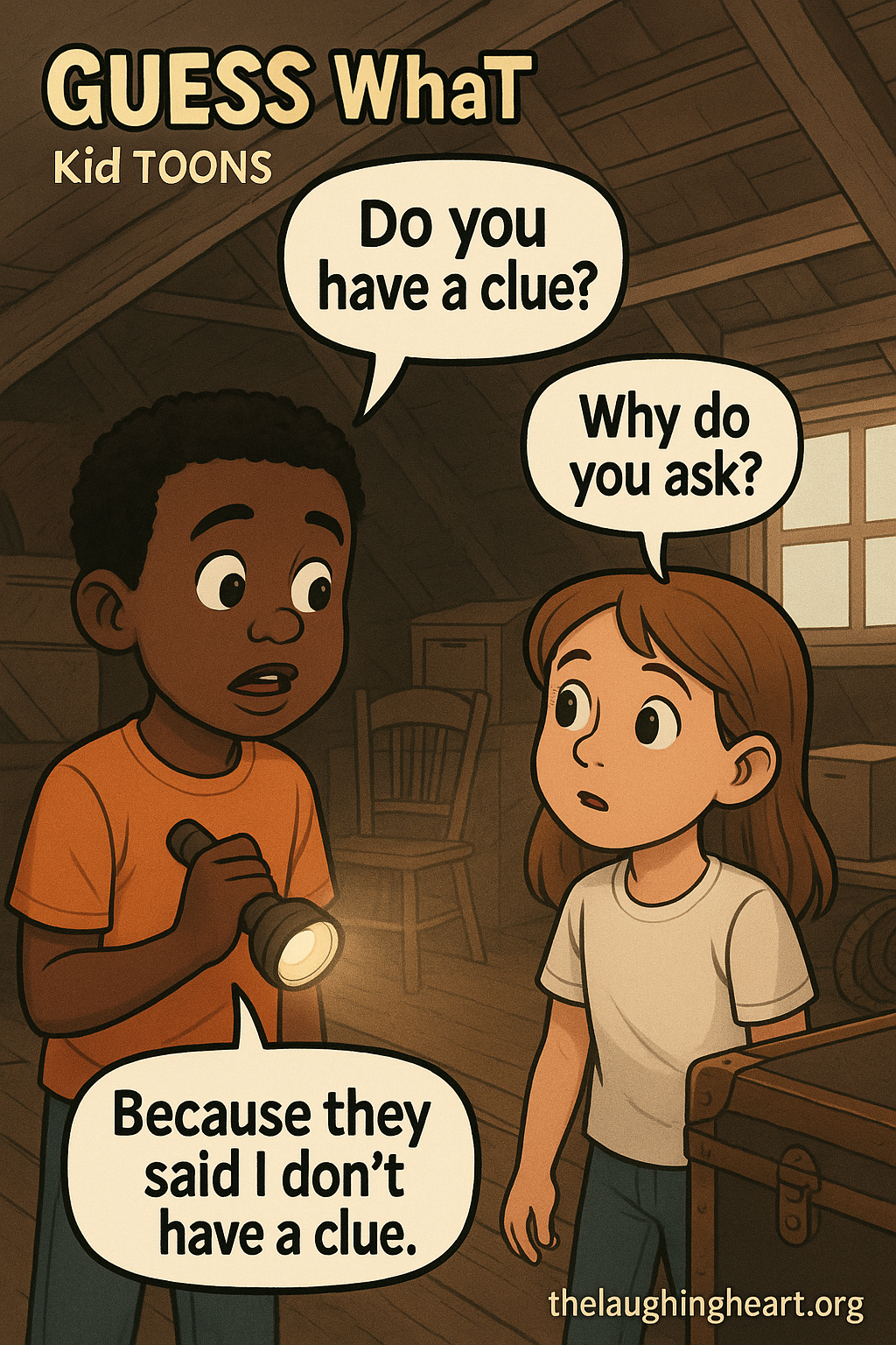 GUESS WhaT Kid TOONS Do you have a clue? Because they said | don’t have a clue. thelaughingheart.org - Kid