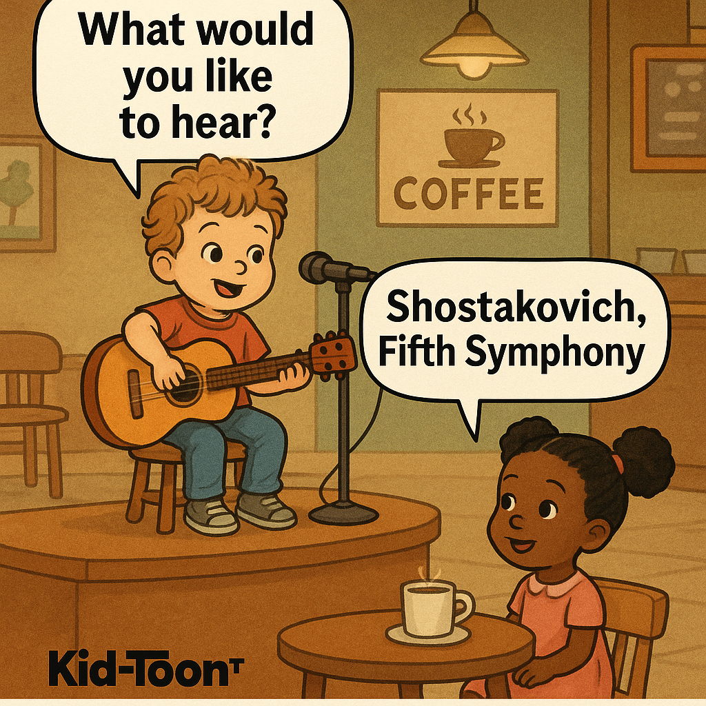 Little boy with the shaggy hair is playing guitar and folk-singing on a stage at the coffee shop, asking 'What would you like to hear?' and the little black girl at the table in the audience says 'Shostakovich, Fifth Symphony.'