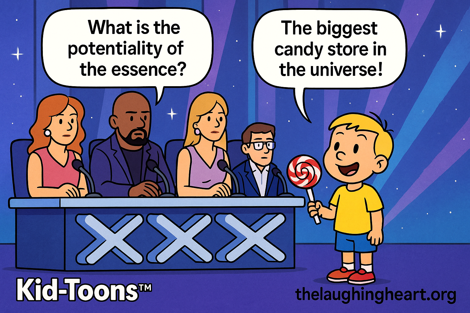 Kid toon: little boy with a lollipop in his hand is giving a performance at American Idol, and the judges ask 'What is the potentiality of the essence?' to which the little boy replies 'The biggest candy store in the universe!'