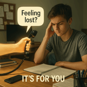 Teenage boy is studying for his test at his desk from a notebook, and someone's hand is handing him the black phone, asking 'Feeling lost?' The cartoon is titled IT'S FOR YOU