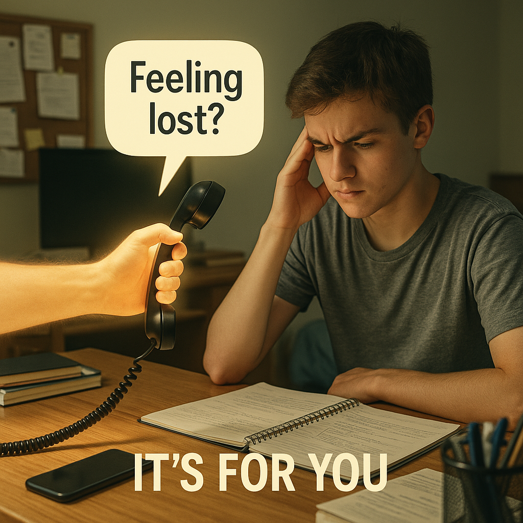 Teenage boy is studying for his test at his desk from a notebook, and someone's hand is handing him the black phone, asking 'Feeling lost?' The cartoon is titled IT'S FOR YOU