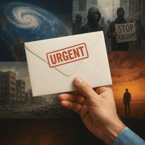 In the background is a quad grid, with four different images. In the upper-left is a picture of the planet earth suspended in outer space, featuring a giant hurricane as seen from outer space. In the upper-right is a mass mobilization street protest, in which a protestor has a sign saying STOP Racism. In the bottom left is a devastated war-torn city with destroyed buildings and rubble in the streets, and in bottom-right is the silhouette of a man standing on the dry, cracked earth of desert lands, staring into the dusk. Atop all four images is a hand, holding an envelope, stamped URGENT