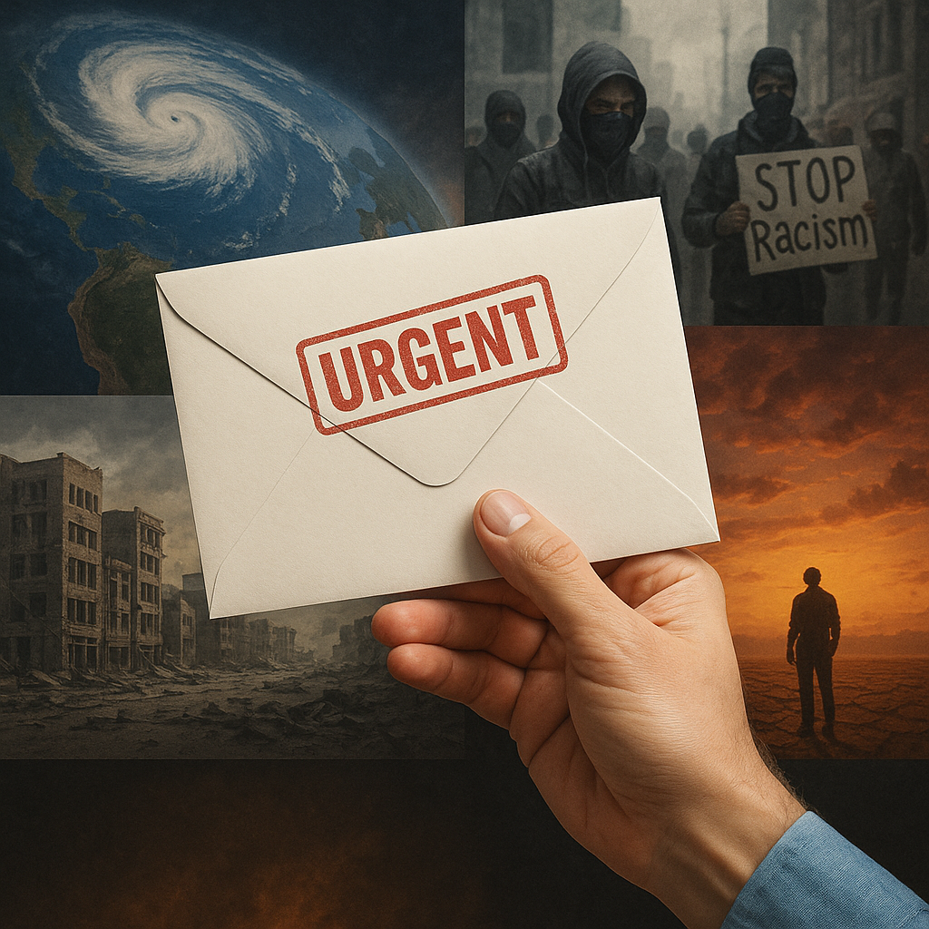 In the background is a quad grid, with four different images. In the upper-left is a picture of the planet earth suspended in outer space, featuring a giant hurricane as seen from outer space. In the upper-right is a mass mobilization street protest, in which a protestor has a sign saying STOP Racism. In the bottom left is a devastated war-torn city with destroyed buildings and rubble in the streets, and in bottom-right is the silhouette of a man standing on the dry, cracked earth of desert lands, staring into the dusk. Atop all four images is a hand, holding an envelope, stamped URGENT