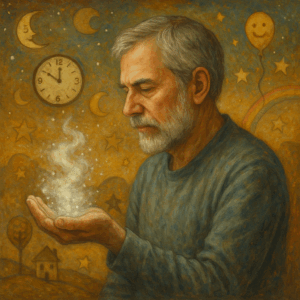 Old man with a beard and grey hair is staring at a bit of cosmic dust in his hand, which appears to be emanating upwards into the atmosphere, almost as-if suggesting the old man is God, about to create human beings at the dawn of the world. In the background is an analog clock on the wall of a night sky, with its hands pointing to 11:50