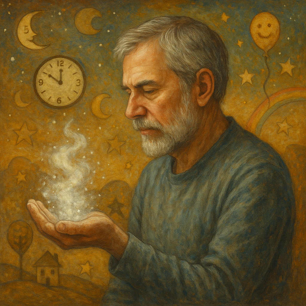 Old man with a beard and grey hair is staring at a bit of cosmic dust in his hand, which appears to be emanating upwards into the atmosphere, almost as-if suggesting the old man is God, about to create human beings at the dawn of the world. In the background is an analog clock on the wall of a night sky, with its hands pointing to 11:50