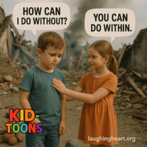 Kid toon: little boy and little girl are in a devastated war-zone, the little boy asking 'How can I do without?' while the little girl reassures him, saying 'You can do within.'