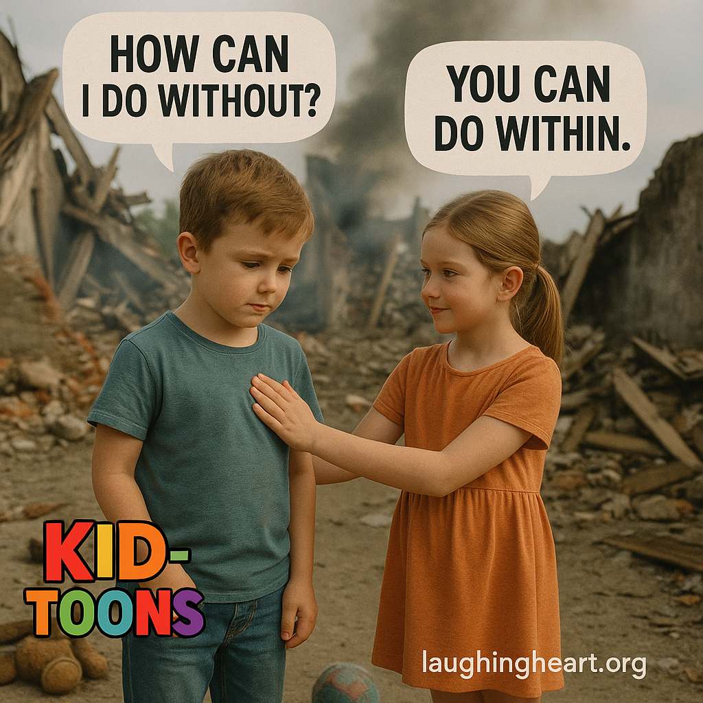 Kid toon: little boy and little girl are in a devastated war-zone, the little boy asking 'How can I do without?' while the little girl reassures him, saying 'You can do within.'