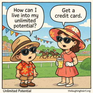 Little boy in Hawaiian shirt and fancy hat looks up to his big sister drinking her lemonade, asking 'How can I live into my unlimited potential?' Both characters being at the horse races, the big sister answers 'Get a credit card.