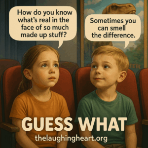 How do you know * what’s real in the ! Sometimes you | face of so much | cansmell | made up stuff? | the difference. | GUESS WHAT thelaughingheart.org - Kid