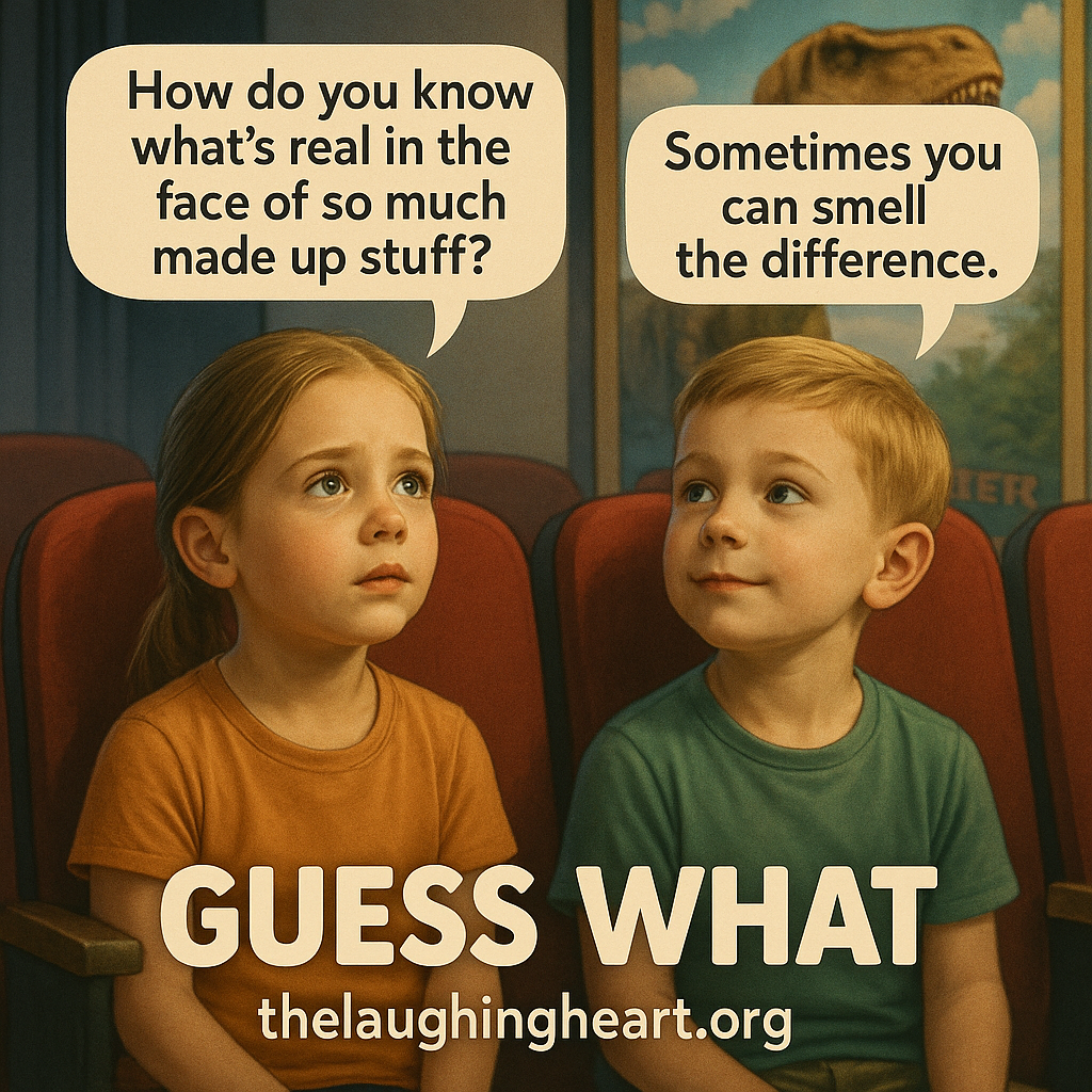 How do you know * what’s real in the ! Sometimes you | face of so much | cansmell | made up stuff? | the difference. | GUESS WHAT thelaughingheart.org - Kid