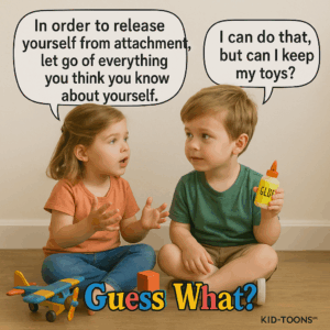 In order to release yourself from attachmen let go of everything you think you know about yourself. | can do that, but can | keep my toys? _ KID-TOONS" - Kid