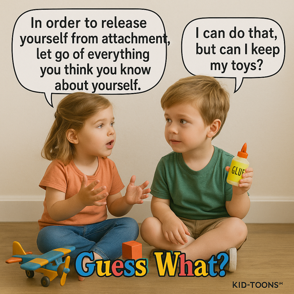 In order to release yourself from attachmen let go of everything you think you know about yourself. | can do that, but can | keep my toys? _ KID-TOONS" - Kid