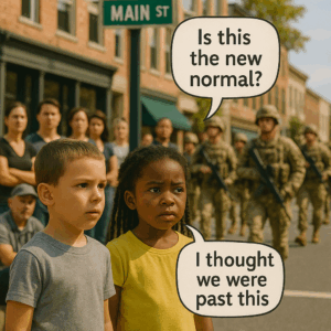 A little white boy and a little white girl are standing in front of an army of infrantrymen marching down Main Street with fully-automatic machine guns, while the little white boy exclaims 'Is this the new normal?' and the little black girl saying 'I thought we were past this'