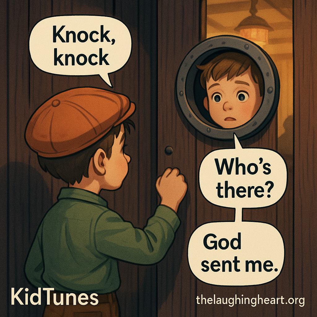 Kid toon: little boy in the 1930's asks through a hole in a wooden door to another kid, 'Knock, knock' and the kid on the other side of the door replies, 'Who's there? God sent me.'