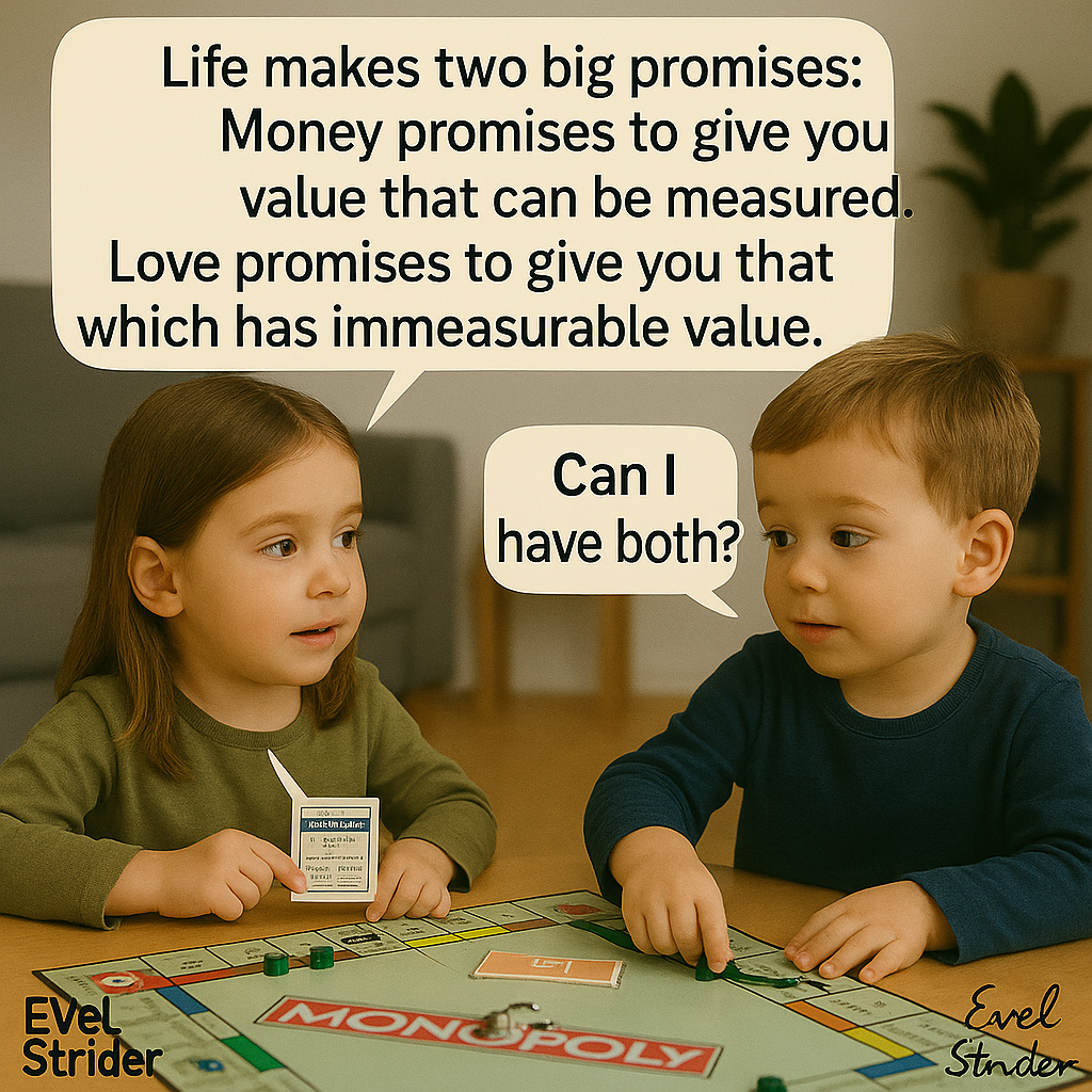 Little sister and little brother are playing Monopoly at family-room table, and little sister says, 'Life makes two big promises: Money promises to give you value that can be measured. Love promises to give you that which has immeasurable value.' to which the little brother replies 'Can I have both?'