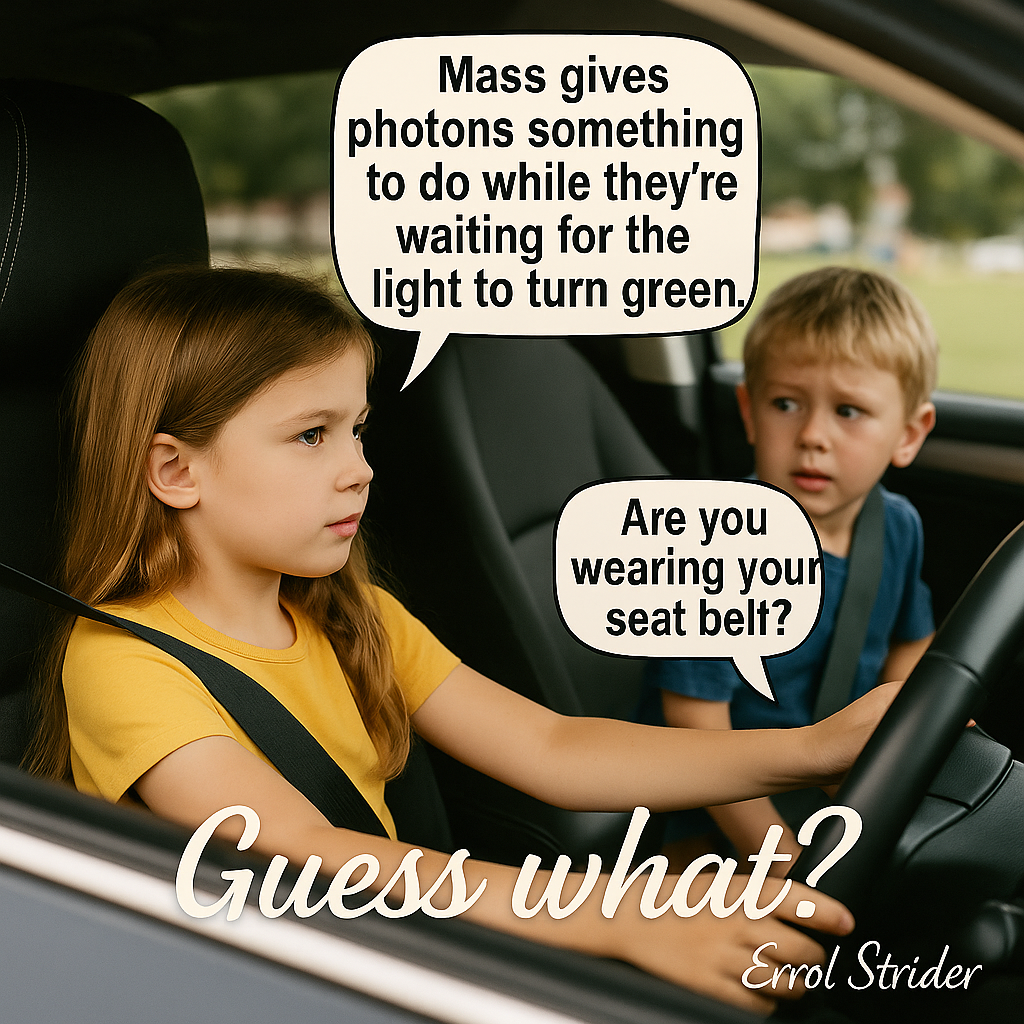 Mass gives  photons something | to do while they're em| Waiting for the me light to turn green, oa ‘Stridel™ - Kid