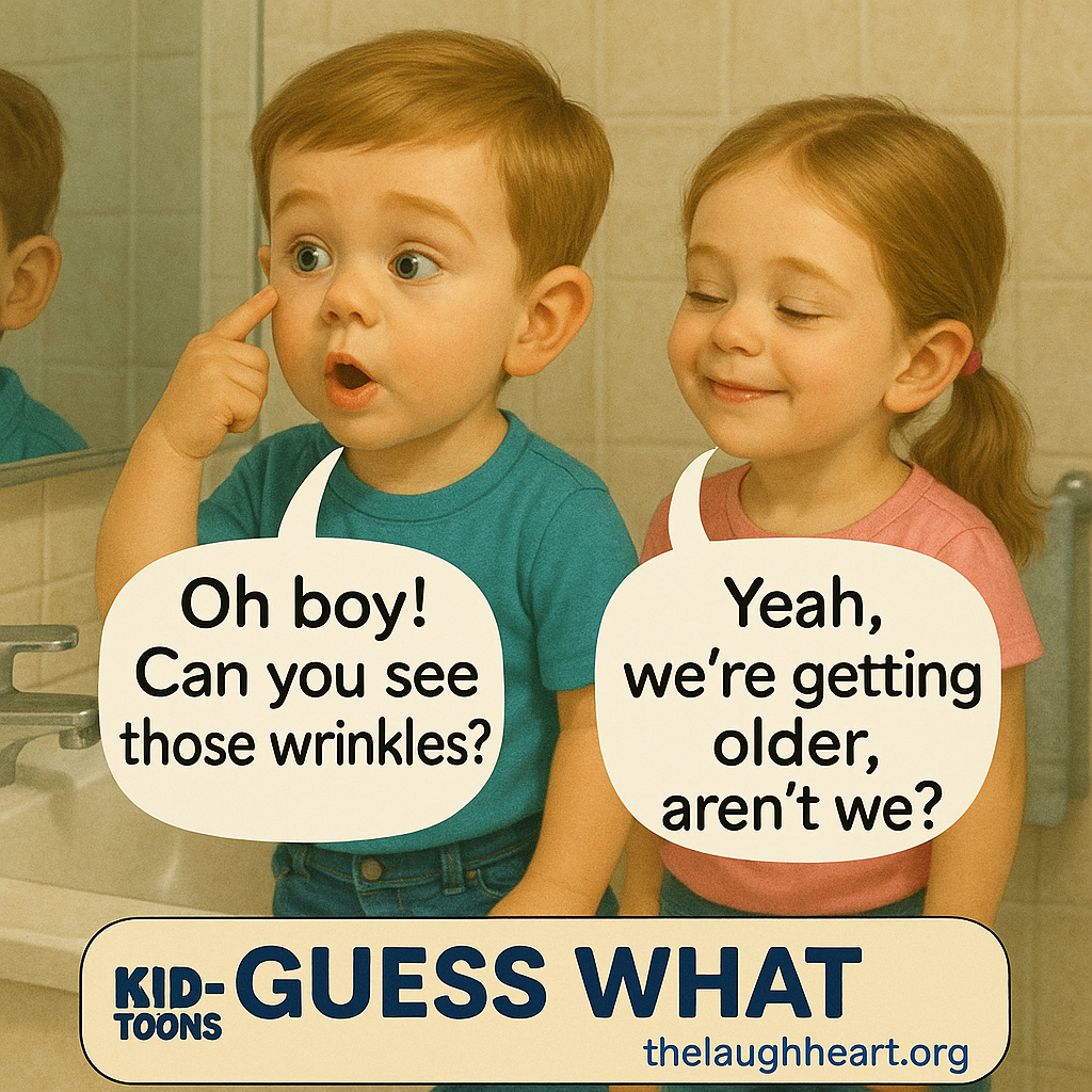Oh boy! Yeah, | Can you see we're getting =® those wrinkles? older, aren't we? | gp: GUESS WHAT  joens thelaughheart.org - Kid