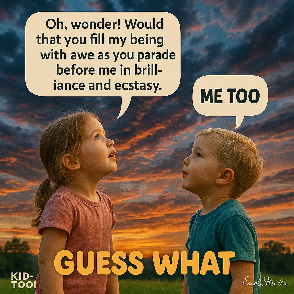 Oh, enced Would that you fill my being with awe as you parade before me in brill- iance and ecstasy. GUESS WHAT. KID- / TOO! - Kid