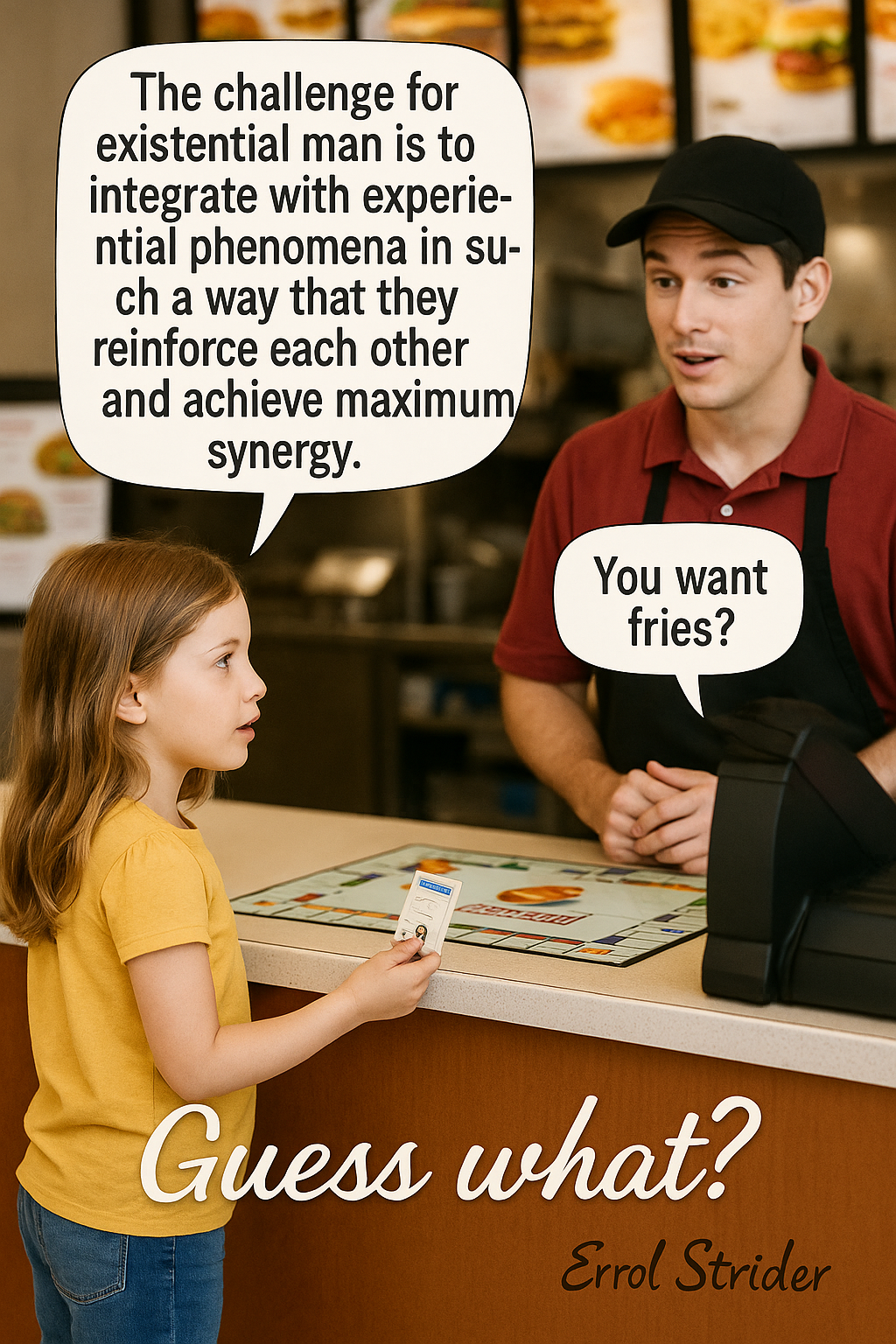 The challenge for existential man is to integrate with experie- ntial phenomena in su- ch a way that they reinforce each other and achieve maximum synergy. You want fries? - Kid
