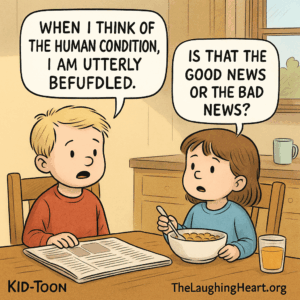 Kid toon: brother at the breakfast table says 'WHEN I THINK OF THE HUMAN CONDITION, I AM UTTERLY BEFUFDLED' while the little sister eating her cereal says, 'IS THAT THE GOOD NEWS OR THE BAD NEWS?'