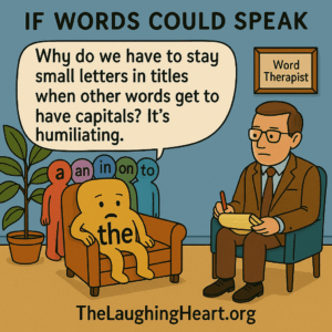 IF WORDS COULD SPEAK Why do we have to stay ] Wor a4 small letters in titles when other words get to | have capitals? It’s humiliating. a TheLaughingHeart.org - Large Character