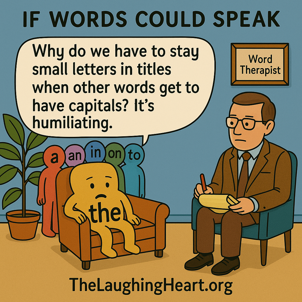 IF WORDS COULD SPEAK Why do we have to stay ] Wor a4 small letters in titles when other words get to | have capitals? It’s humiliating. a TheLaughingHeart.org - Large Character