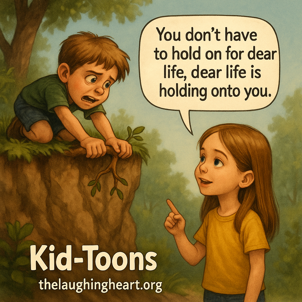 Kid toon: little boy clutchs the side of a cliff, while the little girl at the bottom says to him 'You don’t have to hold on for dear life, dear life is holding onto you.'